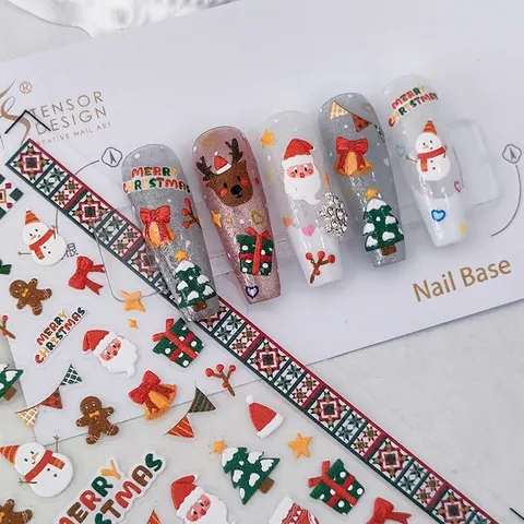 Autocollants À Ongles De Noël En Relief 3D Décalcomanies Auto Adhésives Pour Manucure De Fêtes Père Noël Renne Motifs