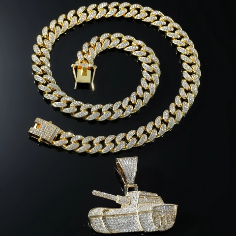 Collier Pendentif Tank Homme Hip Hop Alliage Strass Chaîne Cubaine Bijoux Style Street Cool