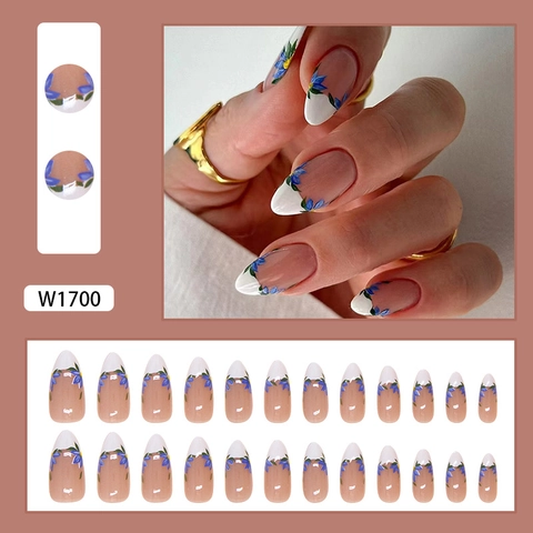 French Almond Press On Nails Blue Iris Floral Print ABS Plastic Detachable False Nail Tips For Women Elegant Simple