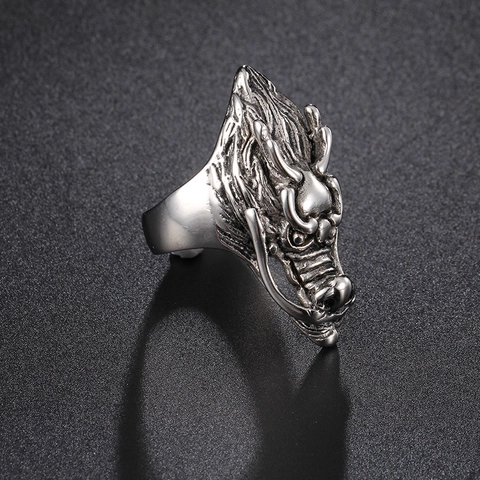 Vintage Dragon Head Ring Titanium Steel Retro Punk Rock Gothic Animal Signet Band For Men