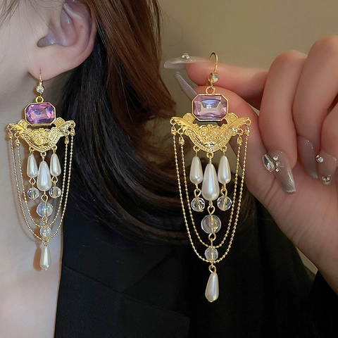 Pendientes De Borla De Estilo Palacio Vintage Para Mujer Aleación Cristal Púrpura Rhinestone Elegante Barroco Perla Artificial Joyería