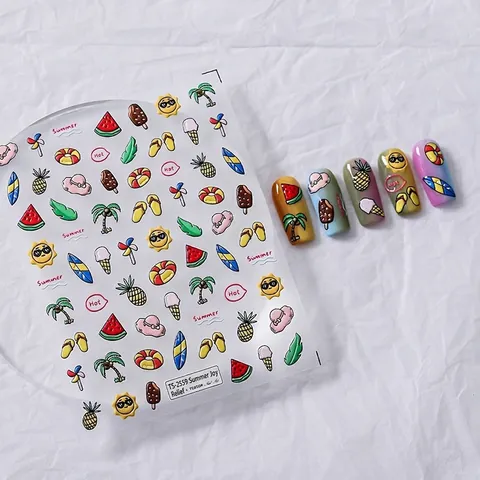 Sommer Thema 3D Relief Nagelaufkleber PET Selbstklebend Cartoon Wassermelone Sonne Design Für DIY Maniküre