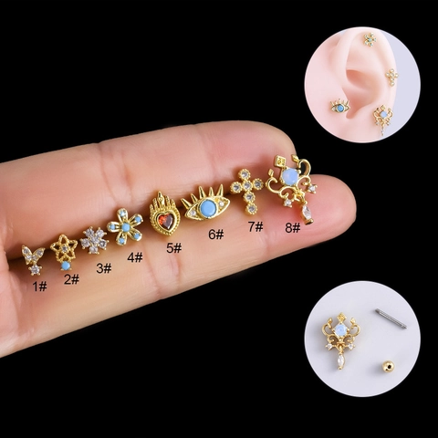 Roestvrijstalen Zirkoon Kraakbeen Studs Hart Bloem Boze Oog Kruis Piercing Sieraden Schroefsluiting Voor Dames