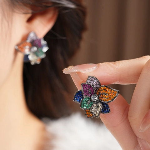 Boucles D'oreilles À Tige Fleur En Cuivre Avec Zircone Cubique Multicolore Et Tige En Argent Style Vintage Femmes