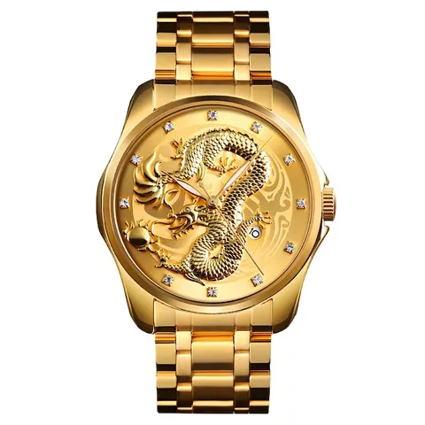 SKMEI Men Business Watch Chinese Dragon Relief Dial Stainless Steel Strap Quartz Wristwatch Waterproof Calendar Fashion Luxury Watch