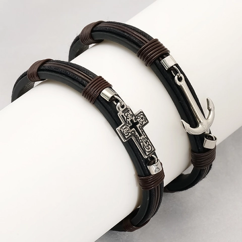 Retro Leather Bracelet With Stainless Steel Cross And Anchor Pendant Braided Wristband For Men Women Fashion Jewelry