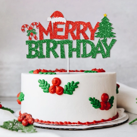 Christmas Birthday Cake Toppers Glitter Paper Merry Christmas Lettering Festive Red Green Dessert Party Decoration