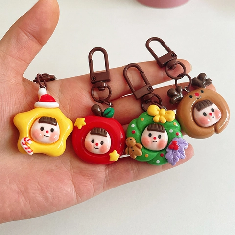 Cute Cartoon Christmas Resin Keychain Backpack Charm Pendant Reindeer Star Apple Design For Kids Friends Gift