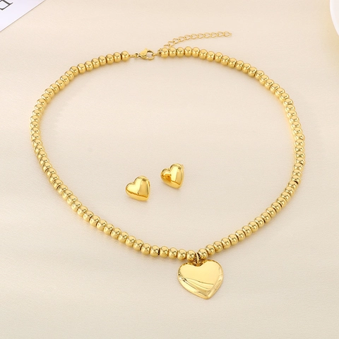 Collier Chaîne À Billes Avec Pendentif Cœur En Acier Inoxydable Et Boucles Oreilles Cœur Bijoux Mode Femme