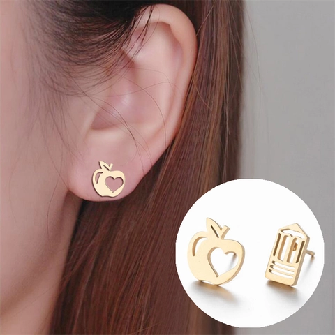Asymmetrische Ohrstecker Edelstahl Cartoon Apfel Und Bleistift Form Personalisierte Minimalistische Mode Schmuck Für Frauen