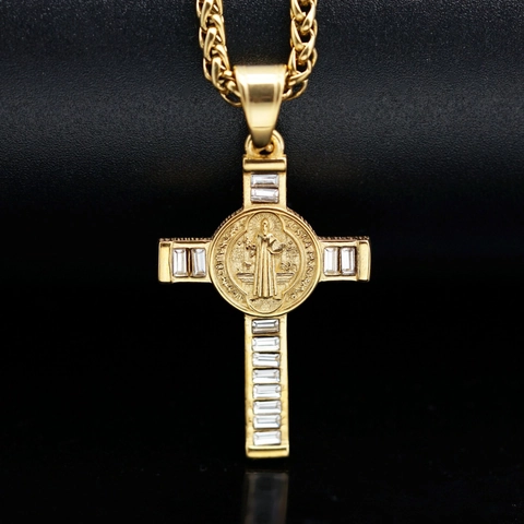 316 Roestvrijstalen Kruis Hanger Ketting Met Zirkonia Sint Benedictus Medaille Hip Hop Religieuze Sieraden