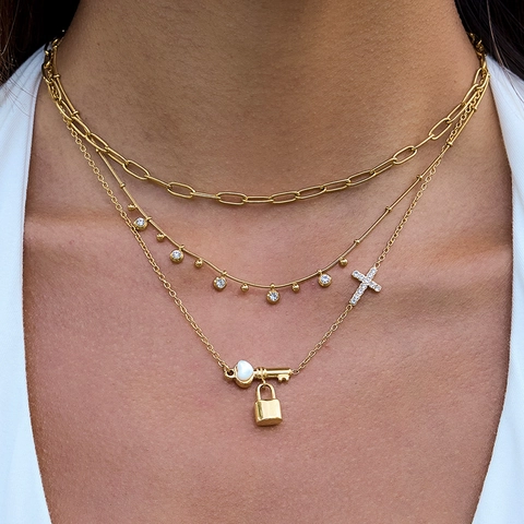 Collana Con Pendente Acciaio Inossidabile Placcato Oro Croce Serratura Chiave Cuore Zircone Impermeabile Gioielli Donna