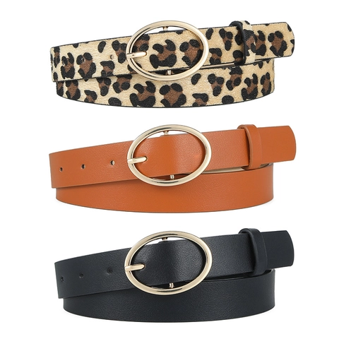 Cintura in Pelle PU Leopardata alla Moda da Donna Con Fibbia ad Ardiglione in Lega Ovale Dorata Cinturino in Vita Versatile per Jeans