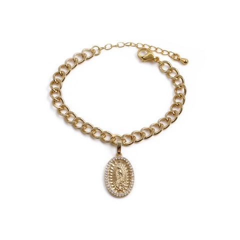 Bracelet Pendentif Vierge Marie Cuivre Plaqué Or Zircon Blanc Chaîne Maille Gourmette Ajustable Bijoux Religieux