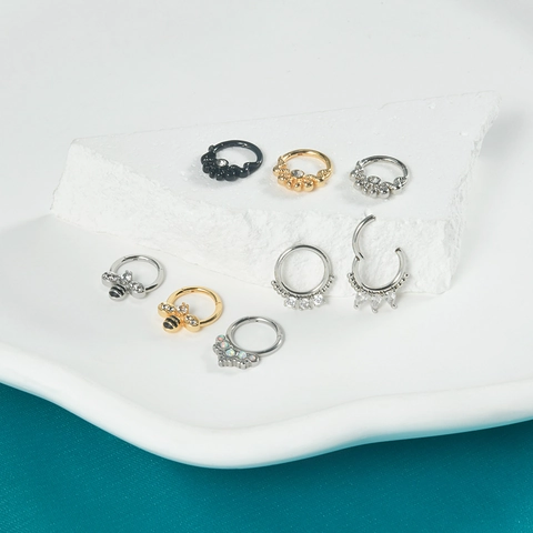 Stainless Steel Septum Ring Bee Snake Heart Shape Opal Zircon Inlaid Hinge Clicker Nose Jewelry For Men Women