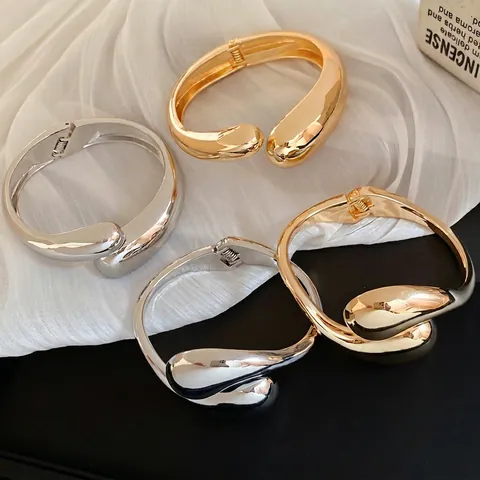 Brazalete Abierto Aleación Pulido Diseño Gota De Agua Estilo Metal Líquido Minimalista Joyería De Moda Para Mujeres