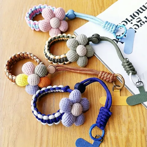 Handmade Adjustable Woven Phone Lanyard With 3D Fabric Flower Parachute Cord Wrist Strap For Women Phone Accessory Wristlet