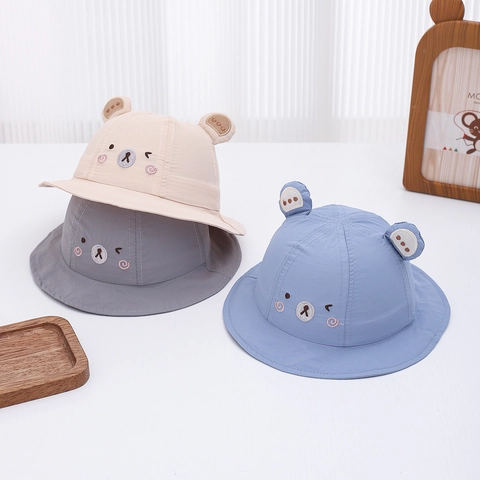 Cappello Da Pescatore Per Neonati Tessuto Ad Asciugatura Rapida Protezione Solare Orecchie Di Orso 3D Ricamo Cartoon Corda Antivento