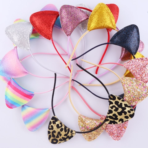 Glitter Sequin Cat Ear Headband Sparkly Rainbow Leopard Hair Band For Girls Party Festival Halloween Cosplay Costume