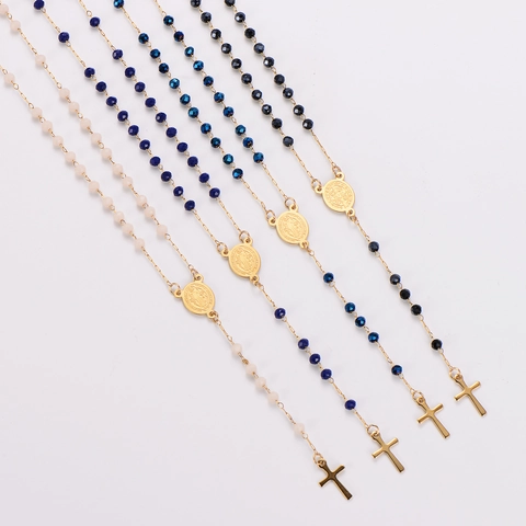 Vintage Rozenkrans Ketting Sint Benedictus Medaille Kruis Hanger 304 Roestvrij Staal Kristallen Kralen 18K Verguld Dames