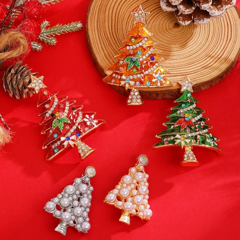 Elegant Alloy Christmas Tree Brooch For Women Artificial Pearl Rhinestone Enamel Festive Party Jewelry Accessory Gift