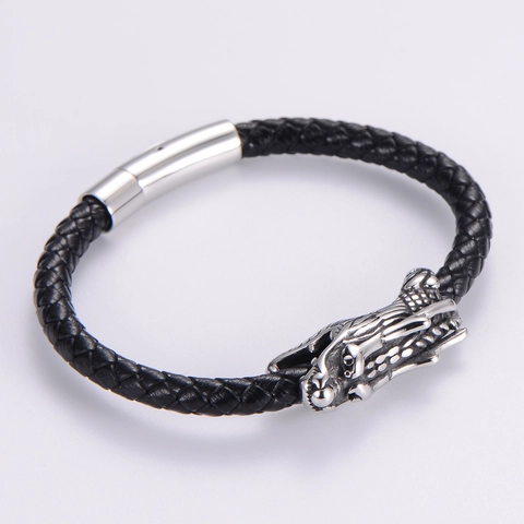 Pulsera De Cabeza De Dragón Para Hombre Cierre De Acero Inoxidable Cuero PU Trenzado Joyería Punk Rock Vintage