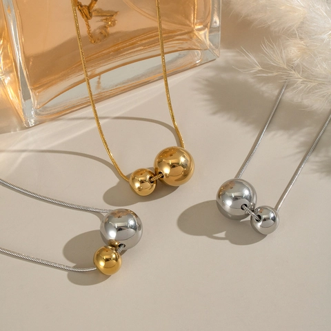 Collana Con Ciondolo A Doppia Sfera In Acciaio Inossidabile Grani Tondi Catena A Serpente Impermeabile Ipoallergenico Gioielli