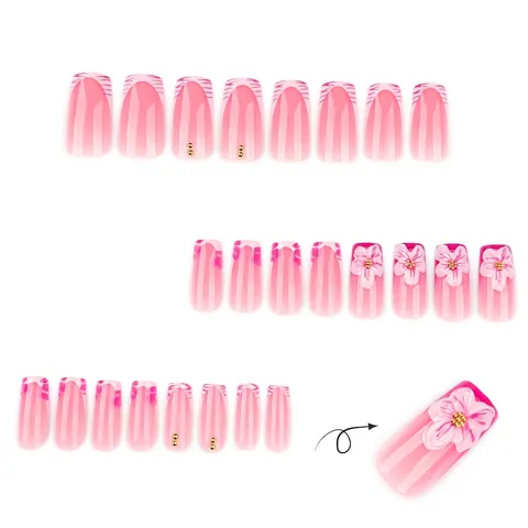 French Pink Zebra Press On Nails Medium Long Square Fake Nails With 3D Flowers Golden Beads Sweet Elegant For Women
