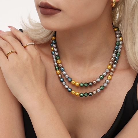 Colorful Shell Bead Necklace Women Stainless Steel Clavicle Chain Multi Color Faux Artificial Pearl Round Beaded Fashion Luxury