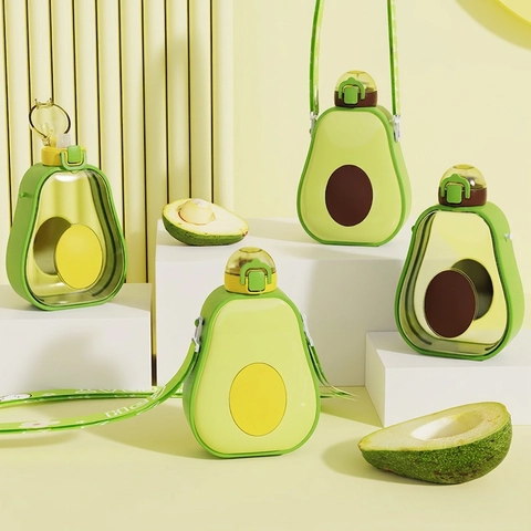 Cute Avocado Shaped Plastic Water Bottle With Straw And Adjustable Strap Leakproof Outdoor Portable For Children