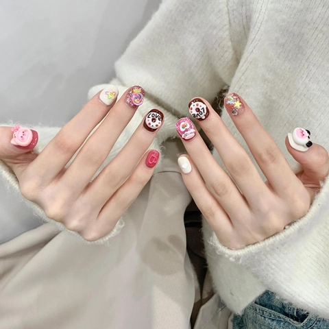 Manual 3D Cartoon Press-on Nails Short Square Round Shape Pink Sweet Animal Resin Fake Nails Decorative Nail Tips For Women Daily