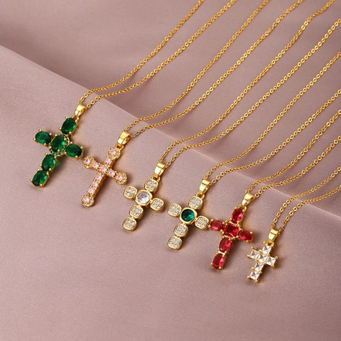 Cross Pendant Necklace Stainless Steel Zirconia Inlaid Luxury Hip Hop Religious Jewelry For Women And Men