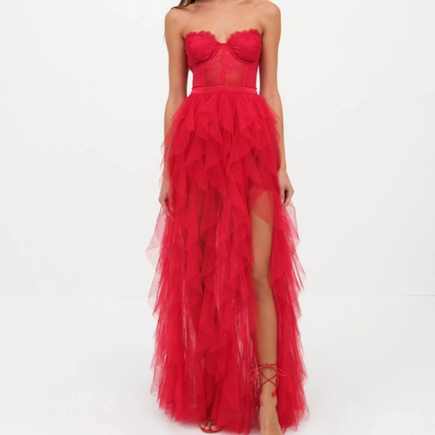 Vestido Maxi Sexy Corsé De Encaje Palabra De Honor Tul Malla Capas Volantes Abertura Alta Dobladillo Irregular Fiesta
