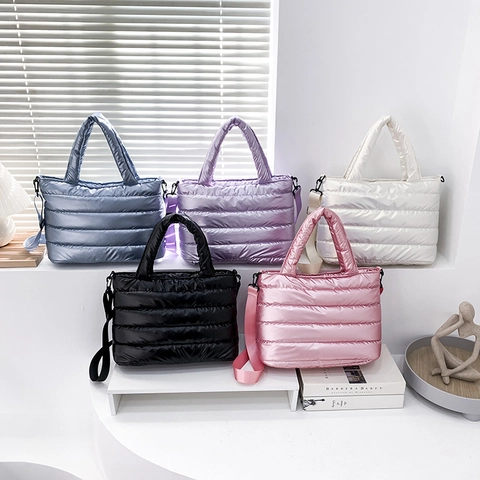 Women Quilted Puffer Shoulder Bag Nylon Padded Tote Handbag Large Capacity Crossbody Casual Fashion Solid Color