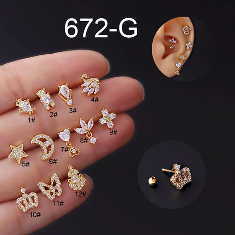 Oorkraakbeen Stud Roestvrij Staal En Zirkoon Koper Vlinder Kroon Ster Maan Schroefsluiting Piercing Sieraden Vrouwen