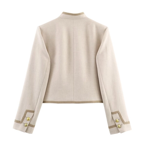Chaqueta Corta Mujer Hombreras Ribete Contraste Botones Chinos Cuello Alto Elegante Retro Abrigo Beige