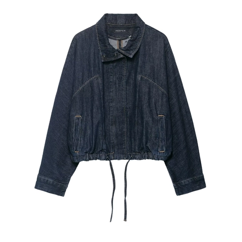 Vintage Women Dark Blue Denim Jacket With Adjustable Drawstring Hem Loose Batwing Sleeve Zip Up Casual Outerwear For Autumn Ladies
