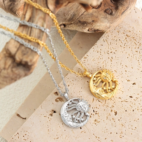Retro Sonne Und Mond Anhänger Halskette Titanstahl Himmlischer Stern Strass Eingelegter Zierlicher Schmuck