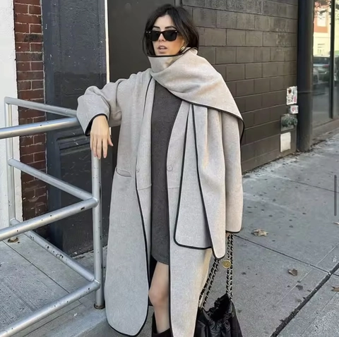 Women Long Woolen Coat With Matching Scarf Contrast Piping Loose Fit Oversized Minimalist Outerwear Jacket Autumn