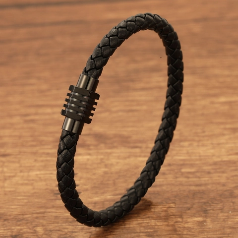 Pulsera De Cuero Trenzado Para Hombre Cierre Magnético De Acero Inoxidable Pulsera Tejida Simple Joyería Hecha A Mano Estilo Casual