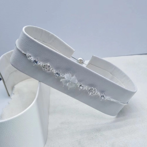 925 Sterling Silver Bracelet Cat's Eye Stone Zirconia Four Leaf Clover Flower Adjustable Slider Clasp Women