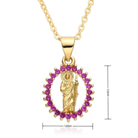 Religious Pendant Necklace Copper 18K Gold Plated Cubic Zirconia Medallion Virgin Mary St Jude Faith Jewelry For Women