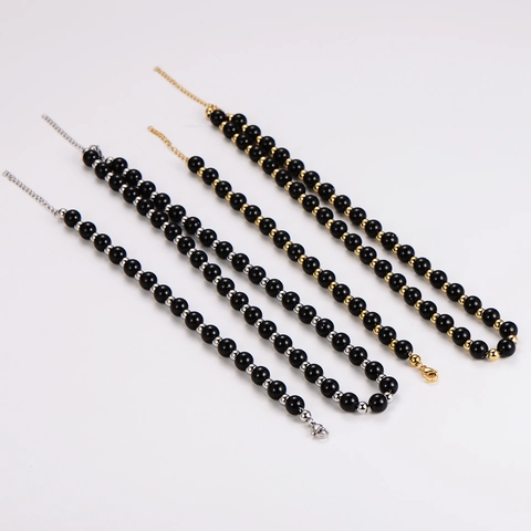 Collana E Bracciale In Perle Di Ossidiana In Acciaio Inossidabile Per Uomo Placcato Oro 18K Accessorio Minimalista