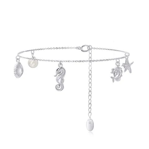 Oceaan Thema 925 Sterling Zilveren Armband Met Schelp Zeester Zeepaardje Vis En Kunstparelhangers 14K Verguld