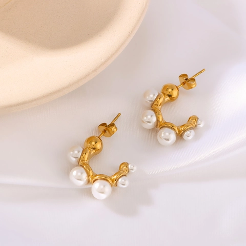 C-Shape Hoop Earrings Stainless Steel With 18K Gold Plated Faux Artificial Pearls French Ins Style Elegant Jewelry For Women