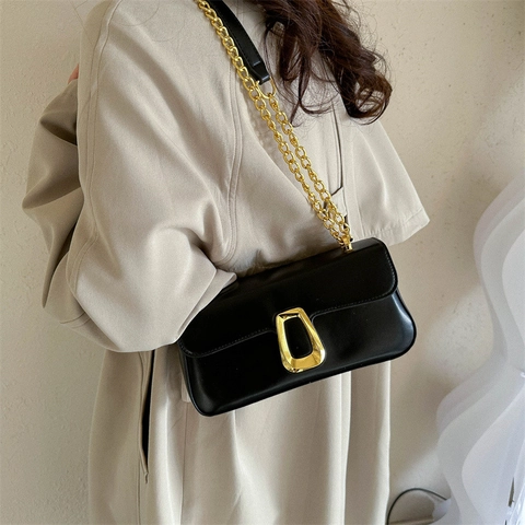 Sac Bandoulière Femme Cuir PU Chaîne Dorée Boucle Métallique Carrée Style Français Vintage Sac À Épaule Simple Décontracté
