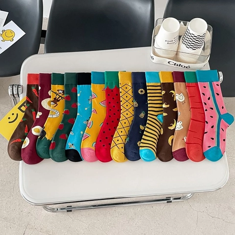 Chaussettes Mi-mollet en Coton Jacquard Fruits et Animaux pour Hommes Femmes Couple Chaussettes Décontractées Fraise Ananas Pastèque