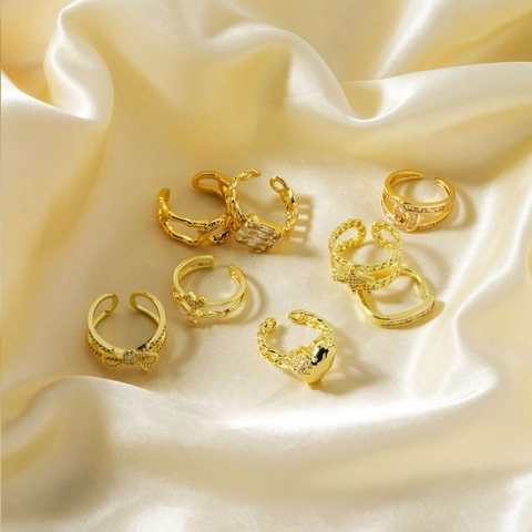 Exquisiter Kupfer Zirkon Ring Vergoldet Verstellbar Offen Hohl Design Modischer Handschmuck Für Damen