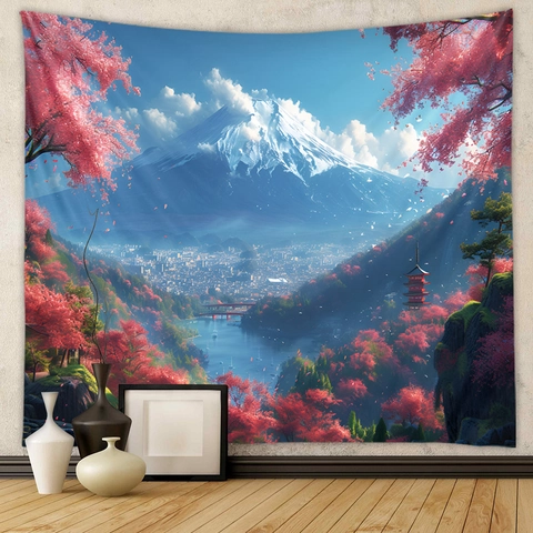 Mount Fuji Tapestry Wall Hanging Polyester Landscape Cherry Blossom Sakura Pagoda Japanese Style Aesthetic Room Decor