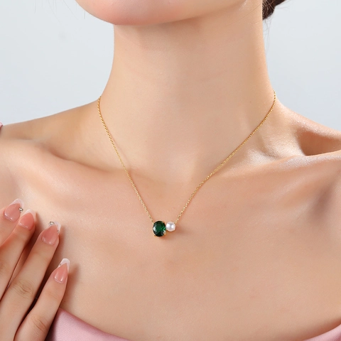 Elegant Oval Zircon And Artificial Pearl Pendant Necklace For Women Light Luxury Minimalist Brass Clavicle Chain